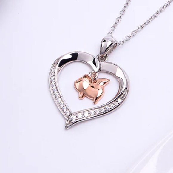Flying Pig In A Heart With CZ Sterling Silver Necklace 18" Sliding Chain - Picture 1 of 2